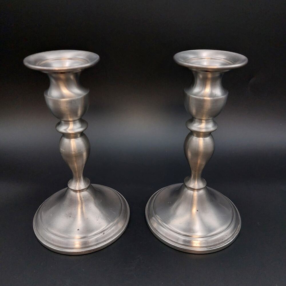 Vintage Web Pewter Weighted Candlestick Holders Pair MCM Colonial Baluster Set